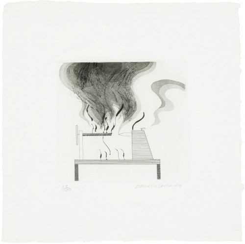 David Hockney The Lathe and Fire etching with stylized lathe, flames, and smoke rising from table on white background.