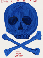 David Shrigley Everything is Fine screenprint with blue skull and bones and ironic red text on white background.