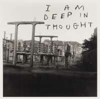David Shrigley I Am Deep In Thought C-print with power station photo and handwritten text overlaid in black. 