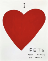 David Shrigley I Love Pets screenprint with large red heart and humorous handwritten text listing pets, things, and people