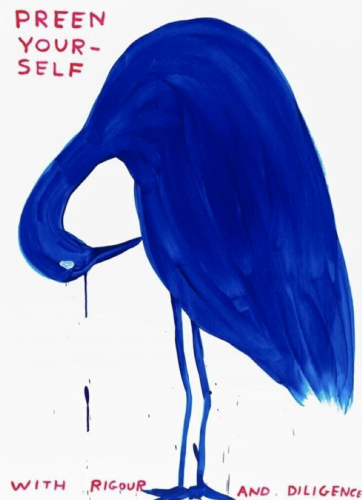 David Shrigley Preen Yourself screenprint of a tall blue bird grooming with handwritten red and blue text on white background.  