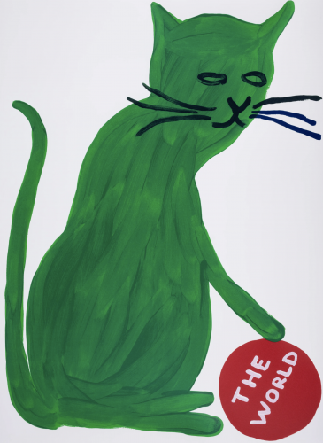 David Shrigley The World color lithograph of green cat holding red ball labeled THE WORLD with bold lines and flat colors. 
