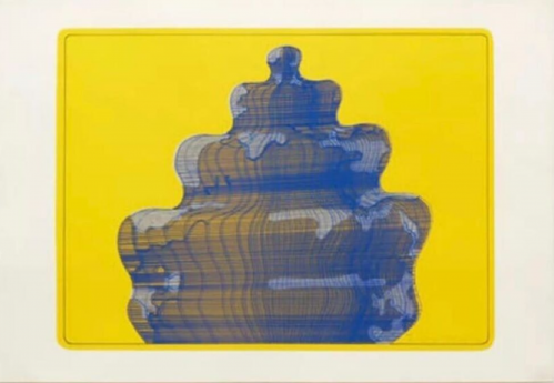 Dieter Roth Torte in der Sonne screenprint of blue layered cake shape on bright yellow background with optical texture.     