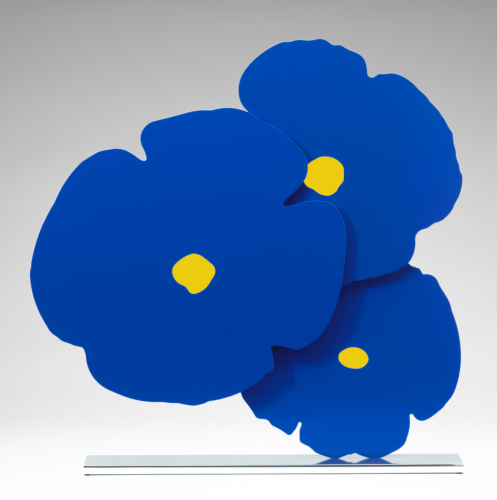 Donald Sultan Blue and Yellow Poppies sculpture in powder-coated aluminum with yellow centers and blue floral shapes on steel base. 