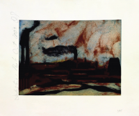 Donald Sultan Industrial Park engraving of dark factory silhouettes with smoky sky in black