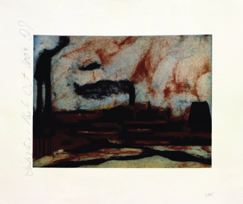 Donald Sultan Industrial Park engraving of dark factory silhouettes with smoky sky in black, red, and ochre tones on paper.