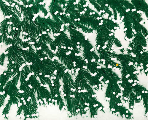 Donald Sultan Mimosa April 12 pigment print with green mimosa branches, white clustered blossoms, and a single yellow dot.        Ask ChatGPT