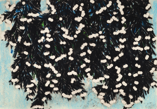 Donald Sultan Mimosa with Green archival pigment print with black foliage, white mimosa blossoms, and light blue background.