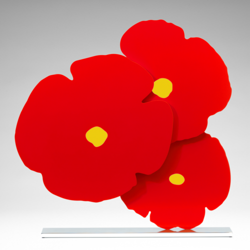 Donald Sultan Red and Yellow Poppies sculpture in powder-coated aluminum with yellow centers and red floral shapes on steel base. 