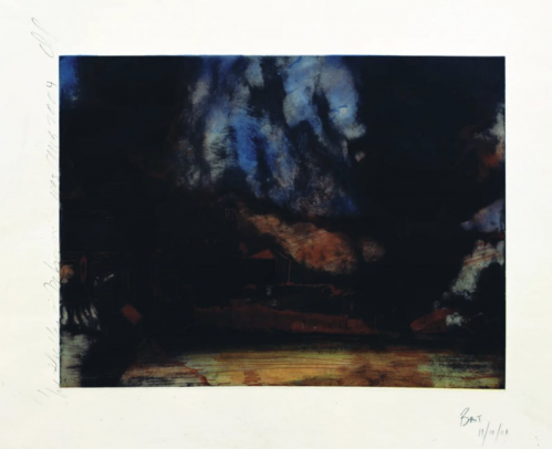 Donald Sultan The Shelling of Dubrovnik engraving with dark forms, fiery red, and electric blue sky evoking war and destruction.