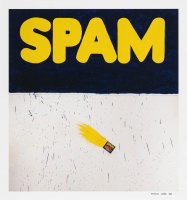 Ed Ruscha Actual Size print with bold yellow SPAM logo and can trailing yellow streak on white speckled background.
