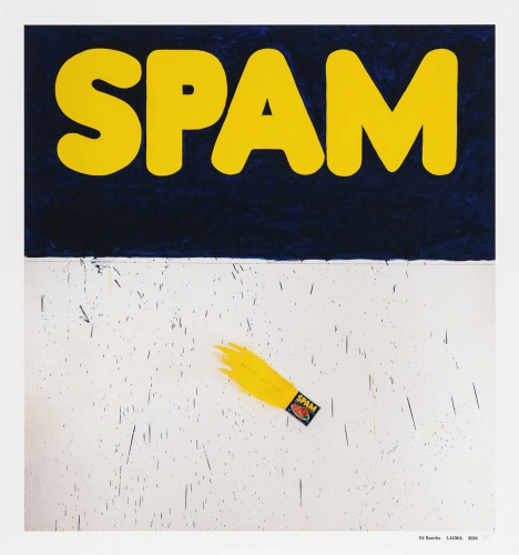 Ed Ruscha Actual Size print with bold yellow SPAM logo and can trailing yellow streak on white speckled background.