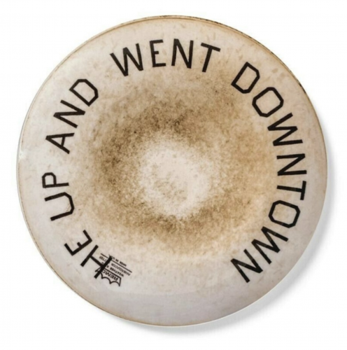 Ed Ruscha He Up and Went Downtown porcelain plate with sepia center and bold black text encircling edge, signed in plate.