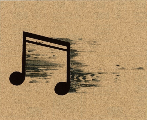 Ed Ruscha Note screenprint on sandpaper showing a dissolving black musical note with textured smudge effect to the right. 