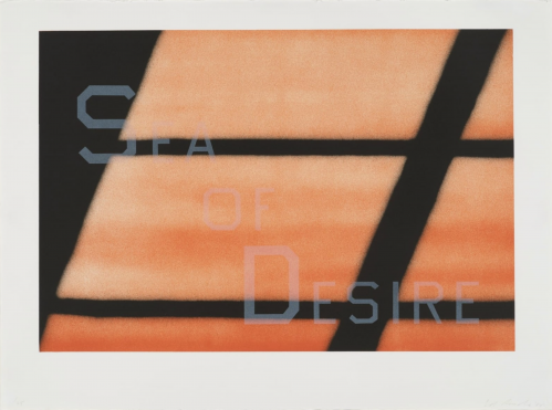Ed Ruscha Sea of Desire lithograph with orange gradient, black diagonal bars, and faint text overlay in geometric font