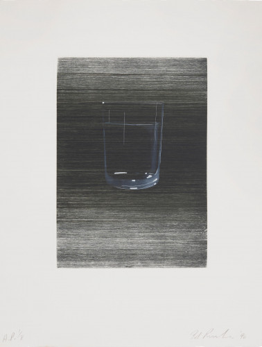 Ed Ruscha Sunliner #7 etching with photorealistic glass of water on a textured dark gray striated background.