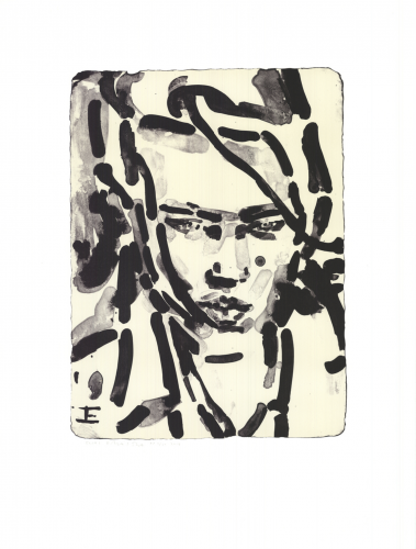 Elizabeth Peyton Elias lithograph featuring expressive black brushstrokes forming a contemplative face on a pale background.