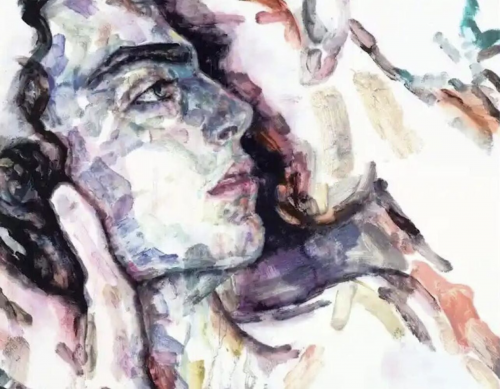 Elizabeth Peyton Elio, Oliver silkscreen portrait in pastel tones with expressive brushstrokes and emotional facial focus.