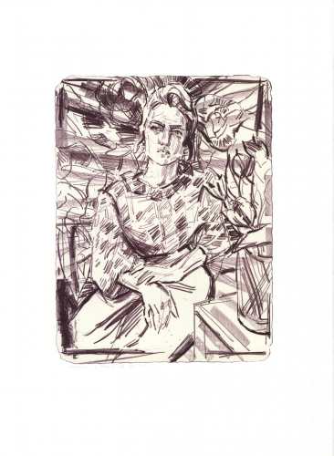 Elizabeth Peyton Emmelyn Butterfield-Rosen lithograph showing seated figure in burgundy lines with abstract floral background.    