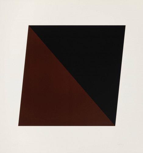 Ellsworth Kelly Black/Brown lithograph showing tilted quadrilateral divided diagonally into black and brown color fields on white background
