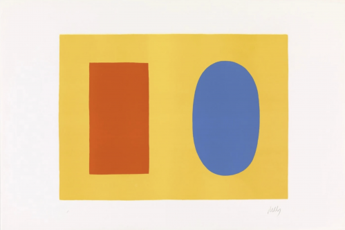 Ellsworth Kelly Orange and Blue over Yellow lithograph with orange rectangle and blue oval on yellow field