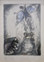 Etching of an angel with blue wings ascending from flames, while a woman and child kneel in prayer below; softly colored in blue, purple, and yellow hues.
