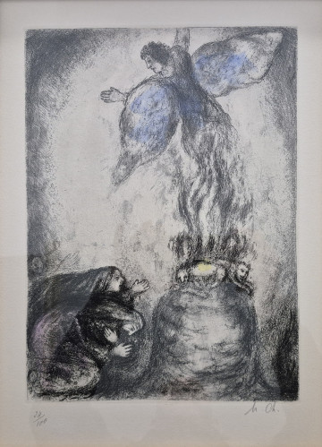 Etching of an angel with blue wings ascending from flames, while a woman and child kneel in prayer below; softly colored in blue, purple, and yellow hues.
