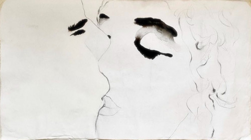 Eva Claessens A Kiss (2) mixed media painting of two figures about to kiss, drawn with expressive black strokes and soft pencil lines on canvas.