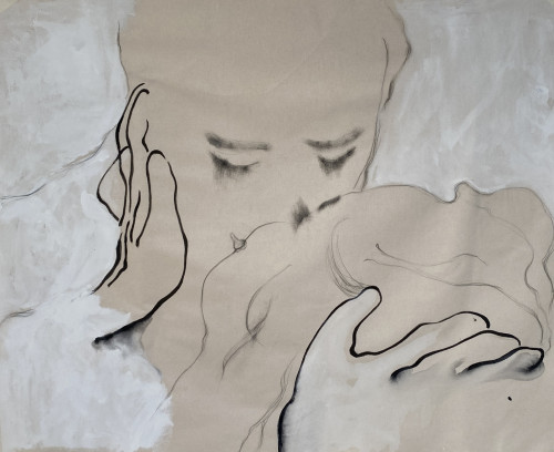 Eva Claessens A Kiss (2025), mixed media painting depicting a tender, minimalistic line drawing of two faces in an intimate kiss, on raw canvas with soft white accents.