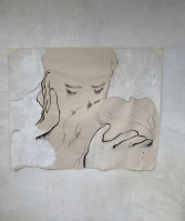 Eva Claessens A Kiss (2025), mixed media painting depicting a tender, minimalistic line drawing of two faces in an intimate kiss, on raw canvas with soft white accents.