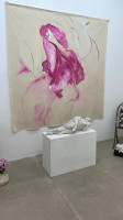 Eva Claessens' A Rose, 2024 mixed media painting featuring abstract pink brushstrokes resembling a flower form on linen canvas.