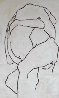 Eva Claessens Dao acrylic painting depicting intertwined figures in fluid black lines on raw canvas with a minimalistic and expressive style.