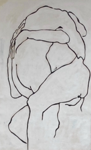 Eva Claessens Dao acrylic painting depicting intertwined figures in fluid black lines on raw canvas with a minimalistic and expressive style. Eva Claessens Dao acrylic painting depicting intertwined figures in fluid black lines on raw canvas with a minimalistic and expressive style.
