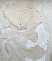Eva Claessens' Embrace (Large), 2023 acrylic and pencil on canvas depicting two figures embracing in a minimalistic and fluid composition.