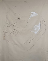 Eva Claessens Embrace acrylic and pencil on canvas large sketch-like figures in intimate hug with minimal detail and soft lines