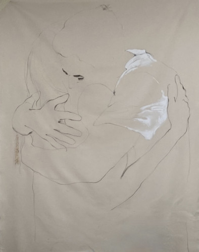 Eva Claessens Embrace acrylic and pencil on canvas large sketch-like figures in intimate hug with minimal detail and soft lines