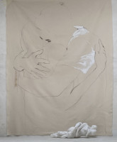 Eva Claessens Embrace acrylic and pencil on canvas large sketch-like figures in intimate hug with minimal detail and soft lines