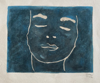 Eva Claessens' Petit Câlin II, 2023 hand-painted linocut featuring a serene face with closed eyes, outlined in white against a deep blue background on canvas.