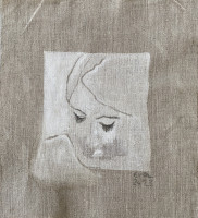 Eva Claessens' Through eyes of beauty, 2023 hand-painted linocut on canvas, depicting a peaceful face with closed eyes in minimalistic black and gray tones.