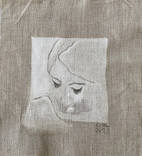 Eva Claessens' Through eyes of beauty, 2023 hand-painted linocut on canvas, depicting a peaceful face with closed eyes in minimalistic black and gray tones.