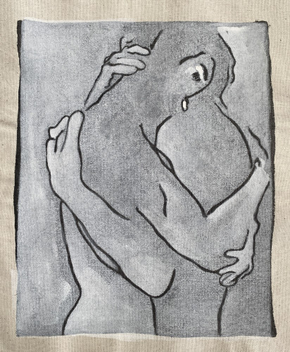 Eva Claessens' Petit Câlin IV, 2023 hand-painted linocut depicting two figures embracing in a minimalistic, black and gray style with textured canvas.
