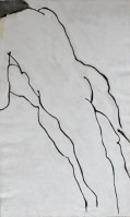 Eva Claessens Seeking the Silence acrylic painting of a solitary figure outlined in fluid black lines on raw canvas