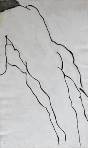 Eva Claessens Seeking the Silence acrylic painting of a solitary figure outlined in fluid black lines on raw canvas, evoking introspection and tranquility.