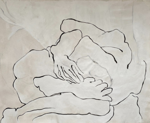 Eva Claessens Seeking the Silence mixed media showing reclining figure in soft black lines on pale, textured canvas background