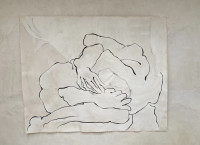 Eva Claessens Seeking the Silence mixed media showing reclining figure in soft black lines on pale, textured canvas background