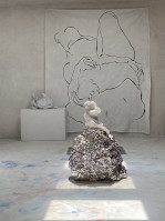 Eva Claessens She Said Yes mixed media artwork depicting two intertwined figures in expressive black lines on a textured monochrome canvas.