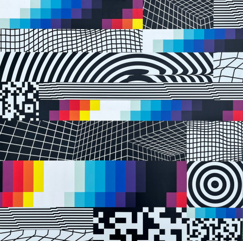 Felipe Pantone Chromadynamica 26 acrylic painting with warped grids, pixel gradients, and optical black-and-white patterns.  