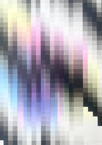 Felipe Pantone Digital Glazing P digital print pixel grid with vibrant pink, blue, yellow and grey gradients in abstract form
