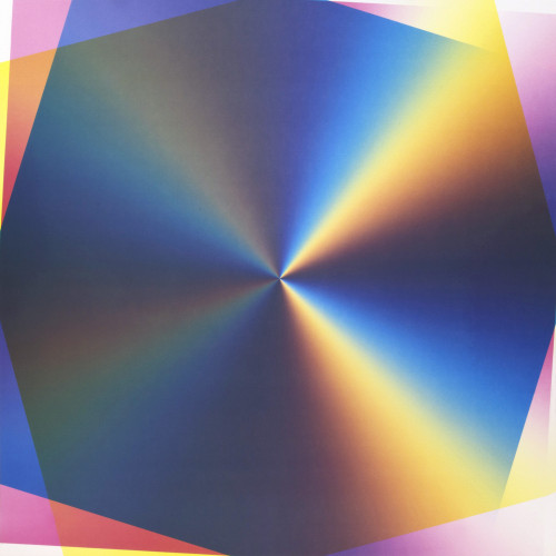 Felipe Pantone lithograph with central radiant burst of blue, yellow, magenta gradients framed by angular geometric edges