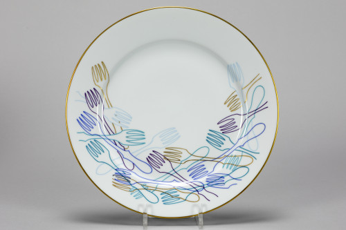 Fernandez Arman Plate porcelain plate with overlapping fork pattern in gold, blue, and purple around border